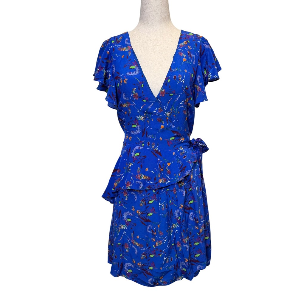 Tanya Taylor Silk Madelena Wrap Dress 8 Blue Floral Ruffle Romance Date Night